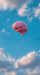 Brain balloon floating in the sky, concept of creative thinking idea