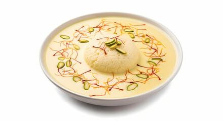 Rasmalai dessert in creamy yellow sauce with saffron and pistachio garnish in bright studio lighting for Indian cuisine advertising.