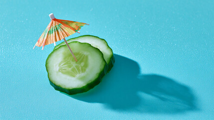 Cucumber slices with cocktail umbrella on a blue background 