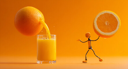 Orange juice pouring into glass with stick figure holding orange slice