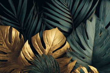 Close up of golden and green tropical leaves creating a dark background