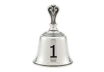 Silver metal hand bell with number one isolated, vintage call bell for service or celebration