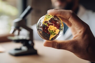 Hand holding a glowing glass globe (Earth) with a microscope in the background. Symbolizes global health crisis, scientific research, epidemic control, and worldwide pharmaceutical impact.