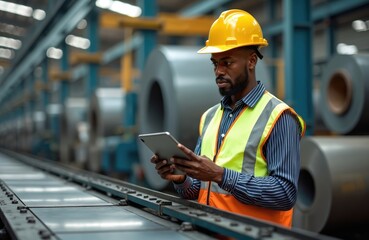 African American man wears hard hat, safety vest in factory. Holds digital tablet, checks machine data. Engineer inspects metal sheets on production line. Worker monitors industrial plant operation,