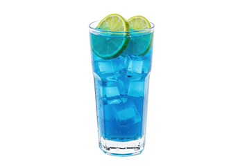 Refreshing blue lagoon cocktail with lime slices isolated, summer drink on transparent background