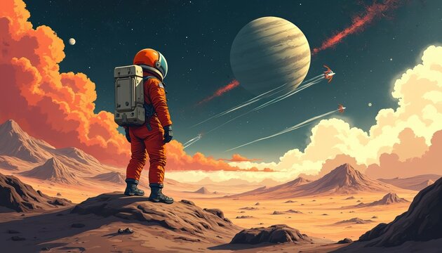 Lone astronaut stands on alien planet surface observing giant gas planet in sky. Spaceships fly past clouds on orange desert world. Vast cosmic landscape.