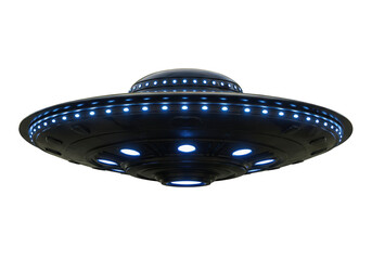 Black UFO flying saucer isolated PNG, alien spaceship with blue lights on transparent background