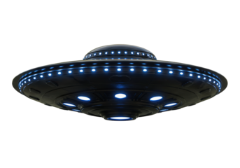 Black UFO flying saucer isolated PNG, alien spaceship with blue lights on transparent background