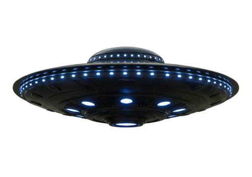 Black UFO flying saucer isolated PNG, alien spaceship with blue lights on transparent background