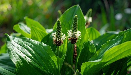 Close-up of a plant with green leaves and tall flowering stalks in natural lighting