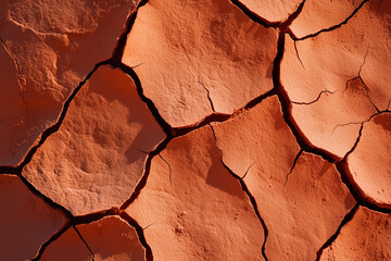Top view natural floor texture featuring dry red clay soil. Cracked earthy surface perfect for backgrounds, design elements, and realistic environmental textures.