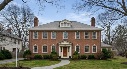 Obraz premium Classic Colonial Revival Two-Story Brick Family House with Symmetrical Design in Newton, Massachusetts, USA
