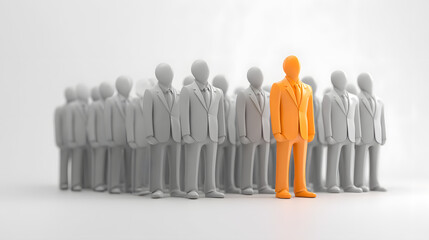 A standout figure in an orange suit amidst a crowd of gray silhouettes, symbolizing leadership and individuality.