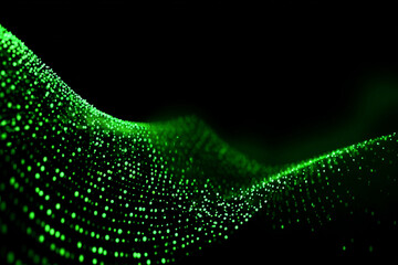 Abstract green wave of glowing particles on a dark background, futuristic