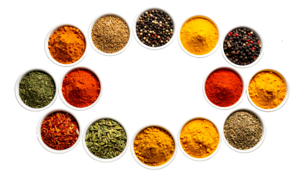 Vibrant spices arranged in small bowls showcasing diverse flavors, culinary traditions, various colors and textures.