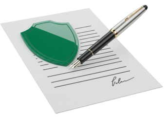 Green shield on contract with fountain pen isolated, insurance agreement document on transparent background