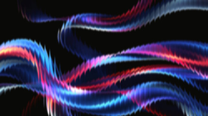 Vibrant neon light streams flow dynamically across dark background, creating abstract energy and...