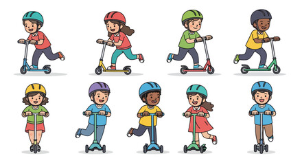 Happy cartoon children holding colorful star round heart and bear-shaped balloons.