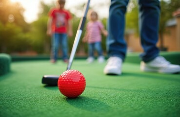 Family plays mini golf outdoors on a sunny day. Father and children enjoy a fun leisure activity, practicing swings on a green course. Kids concentrate on hitting the red ball.