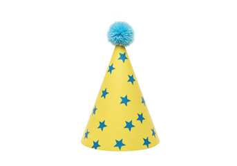 Yellow party hat with blue stars and pompom isolated PNG, festive celebration accessory