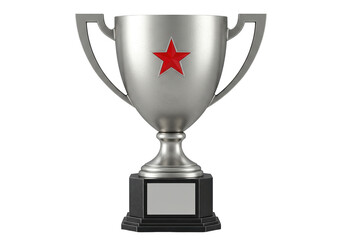 Silver trophy cup with red star isolated on white, award for winning a competition