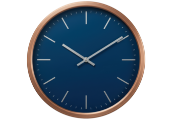 Modern blue wall clock with copper frame isolated, time management and home decor