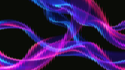 Vibrant neon waves of electric blue and magenta pulse through darkness, creating a dynamic futuristic abstract background for technology and energy themes.