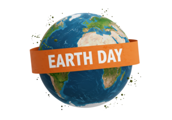 Earth Day globe with orange banner isolated on transparent background, environmental awareness concept