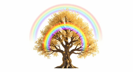 Golden Tree with Rainbow in Bright Lighting on White Background for Fantasy and Hope Imagery