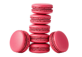 Stack of pink raspberry macarons isolated on transparent background, delicious French dessert