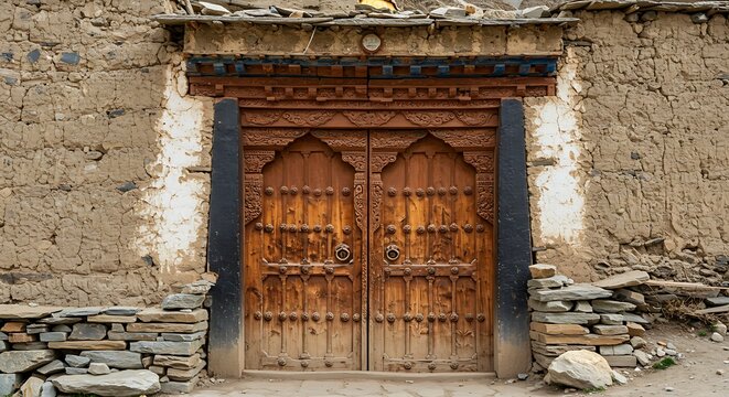 Doors in a buddhist monastery in the spiti valley at the village of komic- komic, himachal pradesh, india