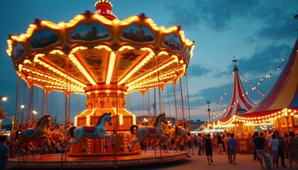 Animated carousel with horses spins at dusk near colorful tents at a fairground. People walk past illuminated carnival attractions. Evening entertainment beckons with bright lights.