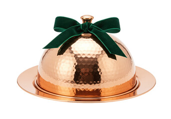 Hammered copper butter dish with green velvet bow isolated on white, elegant serving piece