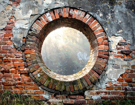 Circular brick window in weathered wall