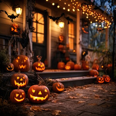 Obraz premium Halloween porch with carved pumpkins and string lights.