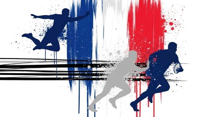Three rugby players in silhouette are depicted against a stylized French flag background with brushstroke and splatter effects.