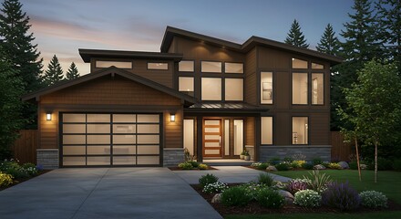 Obraz premium New construction home exterior with contemporary house plan features low slope roof, brown siding and glass garage door. Northwest, USA