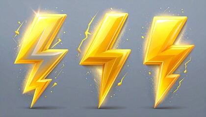 3 glossy yellow lightning bolt icons, bright and stylized on a gray background