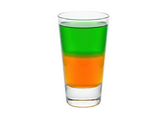 Layered cocktail shot isolated on white, green and orange alcoholic drink for party