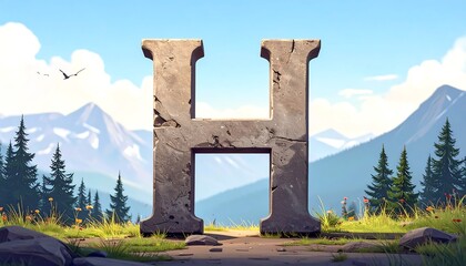 Stone H stands in lush meadow with mountains and trees under a sunny sky