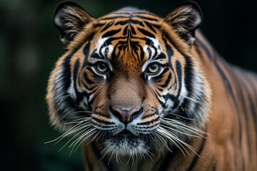 Obraz premium The magnificent Sumatran tiger, Panthera tigris sumatrae, captured in a close-up portrait.