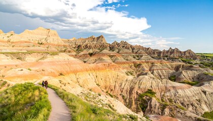 Rocky badlands landscape with hiking trail under a partly cloudy sky