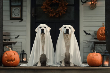Two adorable white Labrador dogs dressed as ghosts for Halloween sit on a decorated porch with carved pumpkins.