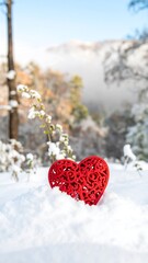 Red heart in snowy landscape