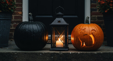 Obraz premium Black-cat pumpkin pairing_ matte black painted pumpkin beside a carved cat silhouette jack-o’-lantern, iron lantern between, moody doorstep composition