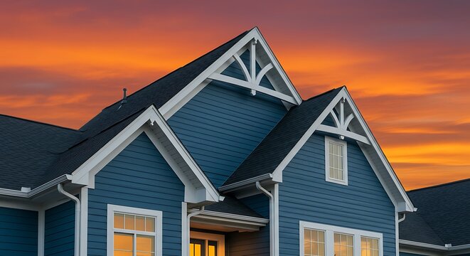 Triangle shape decorative gable with colonial white soffit and fascia on a blue horizontal vinyl siding modern American estate home with colorful dramatic orange sunset sky