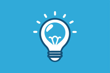 White lightbulb illuminates against a solid blue background suggesting a creative thought or idea