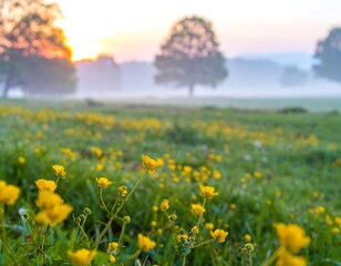 Sunrise meadow with wildflowers