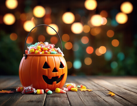 A jack-o'-lantern candy bucket overflowing with colorful Halloween candy sits on a wooden surface, with blurred festive lights in the background. - Powered by Adobe