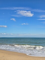 Simple Beach Scene: Horizon, gentle waves, and clear blue sky